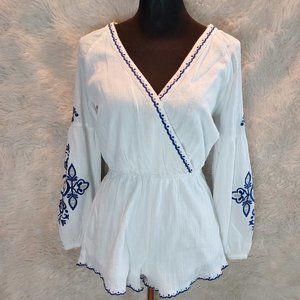 Honey Belle Women's Blue Embroidered Crossover Cotton Short Romper Siz S